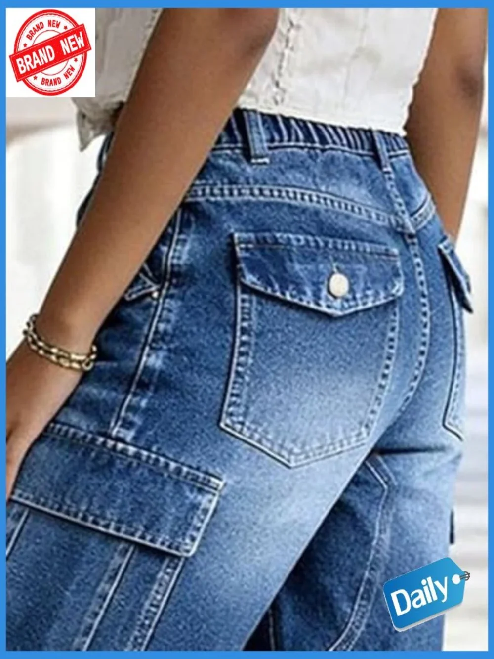High Rise Cargo Bermuda Denim Shorts with Flap Pockets